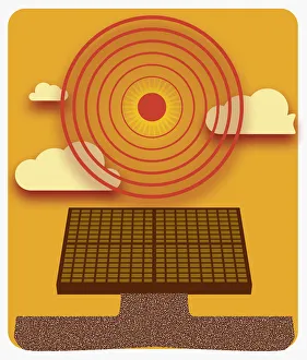 Digital illustration of sun radiating heat above solar panel Digital illustration of sun radiating heat above solar panel