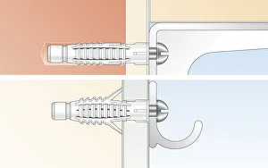 Digital Illustration of universal wall plugs securing metal hinge and hook to wall Digital Illustration of universal wall plugs securing metal hinge and hook to wall