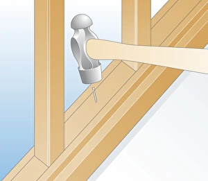 Digital illustration of using hammer to nail spacer in place between balusters Digital illustration of using hammer to nail spacer in place between balusters
