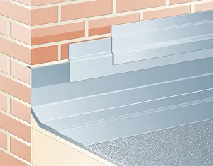 Digital illustration waterproof, overlapping aluminium flashing tape on joint between roof and brick wall Digital illustration waterproof, overlapping aluminium flashing tape on joint between roof and brick wall