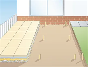 Digital illustration of wooden pegs gauging depth for patio in excavated soil Digital illustration of wooden pegs gauging depth for patio in excavated soil
