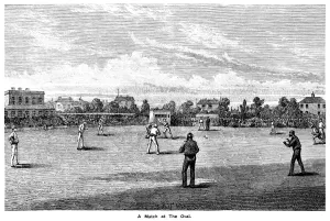 Prints of A cricket match taking place at The Oval cricket ground in Kennington, London. The Oval is the home of Surrey County Cricket Club and was the first ground in England to host a test match in 1880 Sport Prints: The Oval Cricket Ground, London 1855 Print
