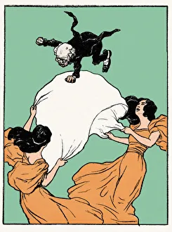 Displeased old man thrown into the air by two women nouveau 1897 Displeased old man thrown into the air by two women nouveau 1897
