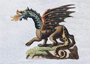 Dragon, hand-colored copper engraving from childrens picture book by Friedrich Justin Dragon, hand-colored copper engraving from childrens picture book by Friedrich Justin
