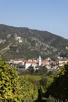 Duernstein, view over vineyards near Rossatz and the Danube river, Wachau valley Duernstein, view over vineyards near Rossatz and the Danube river, Wachau valley