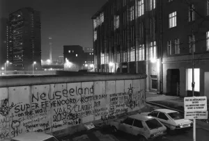 Prints of View over the Berlin Wall in 1985, towards the TV Tower at Alexanderplatz in East Berlin, at night, Berlin, Germany, Europe Country Prints: Nighttime View of Berlin Wall Print
