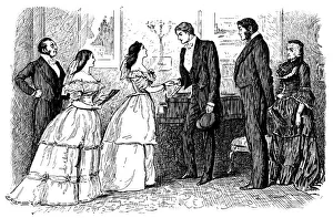 Elegant young Victorian couple being introduced by their parents Elegant young Victorian couple being introduced by their parents