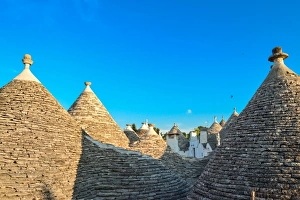 Elevated viewpoint of trulli house roofs and cones Elevated viewpoint of trulli house roofs and cones