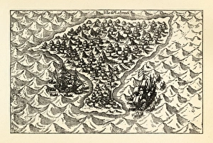 Engraving of Van Noort Sailing the Marianne Islands, 1600 Engraving of Van Noort Sailing the Marianne Islands, 1600