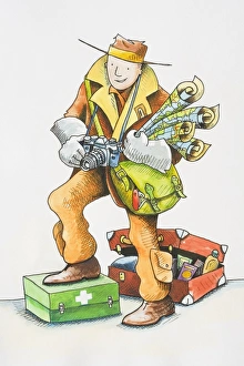 Explorer, wearing overcoat, cargo pants, boots and hat, carrying rolled-up maps, camera Explorer, wearing overcoat, cargo pants, boots and hat, carrying rolled-up maps, camera