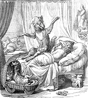 Fairy tale Reineke Fuchs: Fox family lying in bed Fairy tale Reineke Fuchs: Fox family lying in bed
