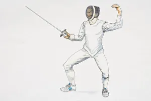 Fencer standing poised, crouching with legs apart, one arm holding up saber in front Fencer standing poised, crouching with legs apart, one arm holding up saber in front