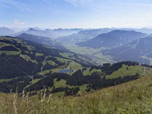 Filzalmsee Lake and Brixental Valley with Brixen im Thale, view from Mt Hohe Salve Filzalmsee Lake and Brixental Valley with Brixen im Thale, view from Mt Hohe Salve