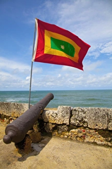 Flag of colombia over cannon on cartagena city wall Flag of colombia over cannon on cartagena city wall