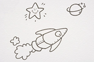 Flying rocket leaving trail of smoke behind, star with smiley face Flying rocket leaving trail of smoke behind, star with smiley face