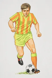 Football player in orange and green outfit running with football in front of him, front view Football player in orange and green outfit running with football in front of him, front view
