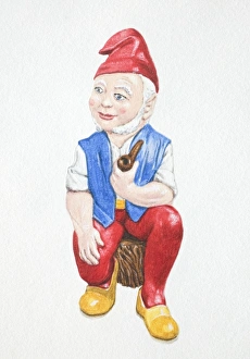 Garden gnome sitting down on tree stump and holding pipe, front view Garden gnome sitting down on tree stump and holding pipe, front view