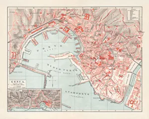 Genoa, Liguria, Italy, lithograph, published in 1897 Genoa, Liguria, Italy, lithograph, published in 1897