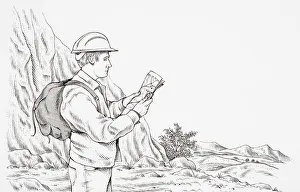 Geologist wearing hard hat, carrying rucksack, looking at a map, with mountains and rocks in background Geologist wearing hard hat, carrying rucksack, looking at a map, with mountains and rocks in background