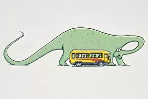 Images Dated 3rd August 2006: Giant green dinosaur standing next to minibus full of passengers bending its neck back to peer at