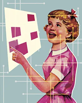 Girl Pointing to Rectangles on a Poster Girl Pointing to Rectangles on a Poster