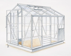 Empty glass greenhouse with metal frame, side view Empty glass greenhouse with metal frame, side view