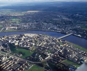 Prints of Aerial View of Derry City including the Foyle Bridge, Co Derry, Ireland Derry Prints: Derry City Aerial Print including Foyle Bridge