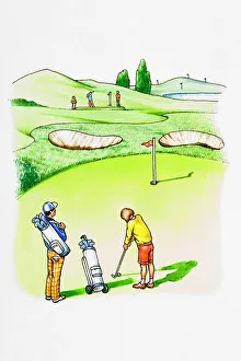 Golfers on golf course, woman preparing to strike, caddy standing nearby Golfers on golf course, woman preparing to strike, caddy standing nearby