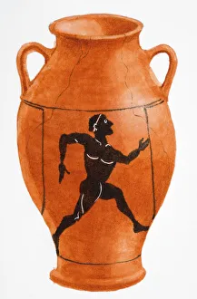 Greek black figure pot with illustration of a running man Greek black figure pot with illustration of a running man