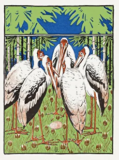 Group of marabou stork in forest around egg decorative art nouveau 1897 Group of marabou stork in forest around egg decorative art nouveau 1897