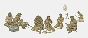 Group of prehistoric people shown making and using primitive tools, including handaxes, burins, flints Group of prehistoric people shown making and using primitive tools, including handaxes, burins, flints