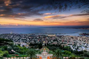Prints of Sunset in Haifa above Baha i Gardens Haifa Prints: Haifa Sets Sunset Print over Baha'i Gardens