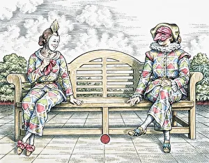 Harlequin, male and female costumed characters sitting on outdoor bench Harlequin, male and female costumed characters sitting on outdoor bench