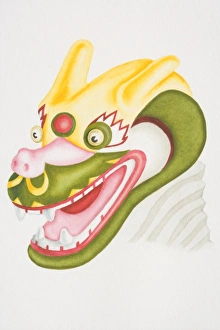 Head of colourful papier-mache dragon, side view Head of colourful papier-mache dragon, side view