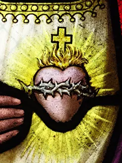 The heart of Jesus Christ on an antique stained glass window The heart of Jesus Christ on an antique stained glass window