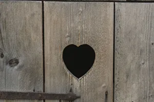 Heart-shaped cut-out in the wooden door of a toilet, Lower Bavaria, Bavaria, Germany Heart-shaped cut-out in the wooden door of a toilet, Lower Bavaria, Bavaria, Germany
