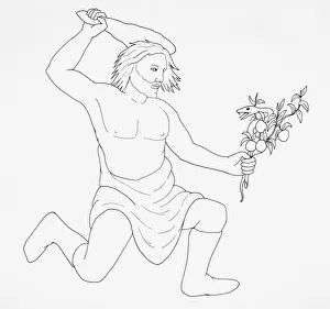 Hercules hurling a club over his head while holding the snake Draco by the tail in his Hercules hurling a club over his head while holding the snake Draco by the tail in his