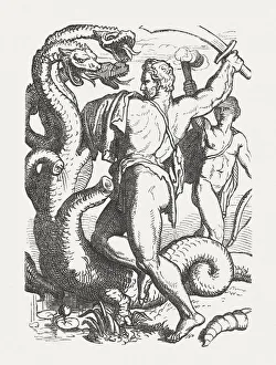 Hercules slaying the Hydra, Greek mythology, wood engraving, published 1880 Hercules slaying the Hydra, Greek mythology, wood engraving, published 1880