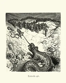 Hero fighting gaint lizard monster. Orlando Furioso Hero fighting gaint lizard monster. Orlando Furioso