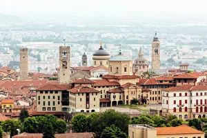 High angle view of Bergamo Citta Alta skyline with medieval towers, Lombardy, Italy High angle view of Bergamo Citta Alta skyline with medieval towers, Lombardy, Italy