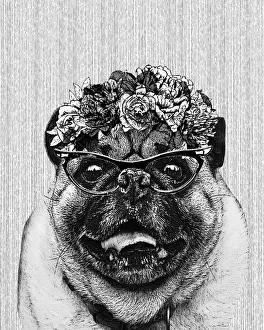 Hipster Pug Dog Illustration With Floral Crown And Glasses