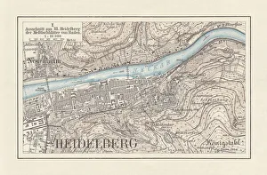Historical city map of Heidelberg, Baden-WAOErttemberg, Germany, lithograph Historical city map of Heidelberg, Baden-WAOErttemberg, Germany, lithograph