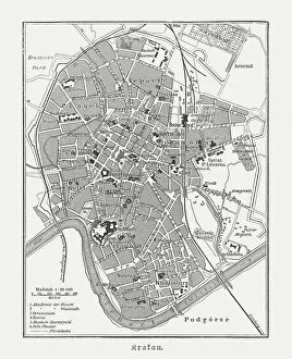 Historical city map of Krakow, Poland, wood engraving, published 1897 Historical city map of Krakow, Poland, wood engraving, published 1897