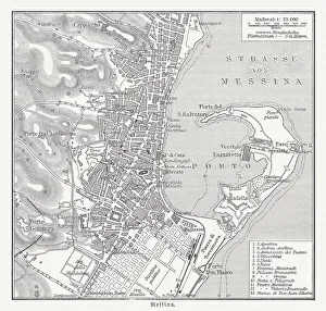Historical city map of Messina, Italy, wood engraving, published 1897 Historical city map of Messina, Italy, wood engraving, published 1897