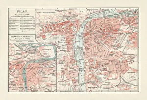 Historical city map of Prague, Czech Republic, lithograph, published 1897 Historical city map of Prague, Czech Republic, lithograph, published 1897