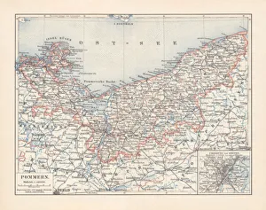 Historical map of Pomerania, Germany and Poland, lithograph, published 1897 Historical map of Pomerania, Germany and Poland, lithograph, published 1897