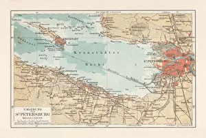 Historical map of Saint Petersburg and surroundings, Russia, lithograph, 1897 Historical map of Saint Petersburg and surroundings, Russia, lithograph, 1897