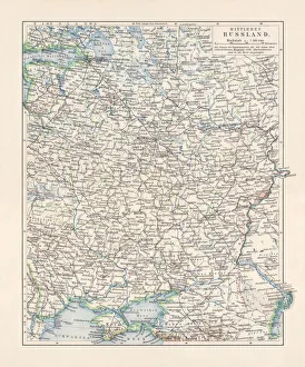 Historical topographic map of European Russia, center, lithograph, published 1897 Historical topographic map of European Russia, center, lithograph, published 1897