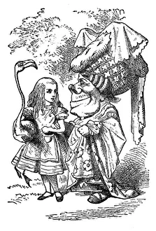Holding a flamingo and talking to the duchess- Alice in Wonderland 1897 Holding a flamingo and talking to the duchess- Alice in Wonderland 1897