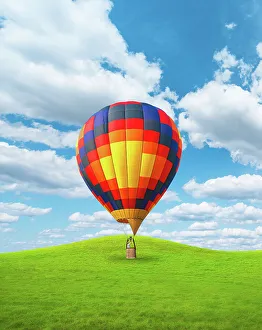 Hot Air Balloon Vertical Landed On Grassy Hills Hot Air Balloon Vertical Landed On Grassy Hills